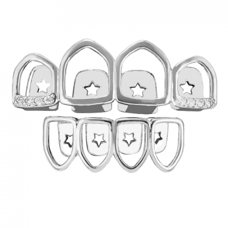 Bijuterii barbati - Set de doua fatete pentru dinti, superior si inferior, model Grillz Hip Hop cu stelute, pietre zirconiu, placate cu aur 18K, argintiu, Tessero