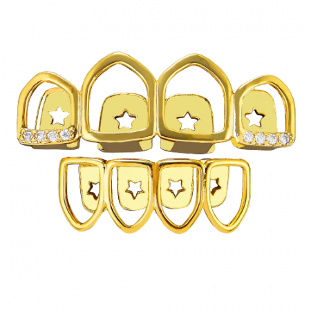Bijuterii barbati - Set de doua fatete pentru dinti, superior si inferior, model Grillz Hip Hop cu stelute, pietre zirconiu, placate cu aur 18K, auriu, Tessero