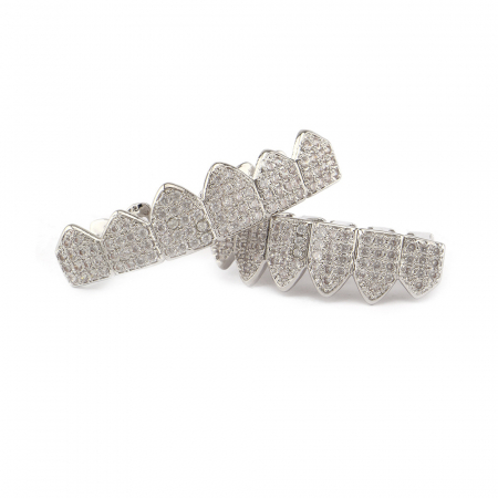 Bijuterii barbati - Set de doua fatete pentru dinti, superior si inferior, model Grillz Hip Hop, Iced Out, pietre zirconiu, placate cu aur 18K, argintiu, Tessero
