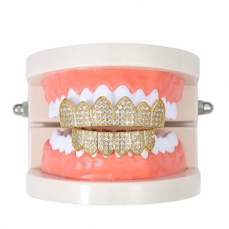 Set de doua fatete pentru dinti, superior si inferior, model Grillz Hip Hop, Iced Out, pietre zirconiu, placate cu aur 18K, auriu, Tessero [1]