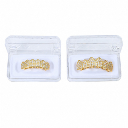 Set de doua fatete pentru dinti, superior si inferior, model Grillz Hip Hop, Iced Out, pietre zirconiu, placate cu aur 18K, auriu, Tessero [2]