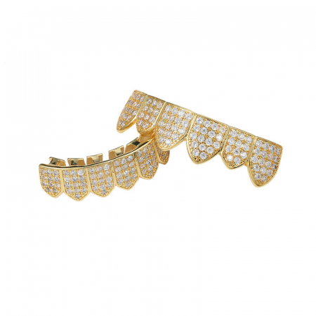 Bijuterii barbati - Set de doua fatete pentru dinti, superior si inferior, model Grillz Hip Hop, Iced Out, pietre zirconiu, placate cu aur 18K, auriu, Tessero