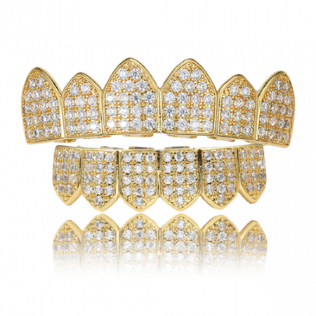 Set de doua fatete pentru dinti, superior si inferior, model Grillz Hip Hop, Iced Out, pietre zirconiu, placate cu aur 18K, auriu, Tessero [3]