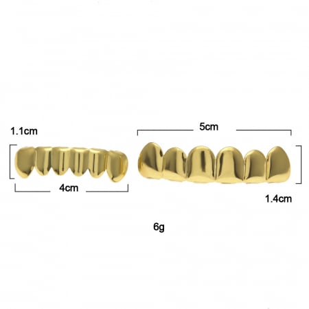 Bijuterii barbati - Set de doua fatete pentru dinti, superior si inferior, model Grillz Hip Hop, placate cu aur 18K, auriu, Tessero