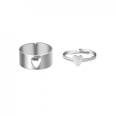 Bijuterii dama - Set de doua inele din otel inoxidabil, unisex, model cu inima, marime reglabila, argintiu