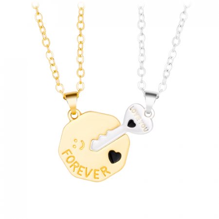 Bijuterii dama - Set de doua lantisoare creative pentru cupluri, indragostiti, pandantiv in forma de cheie "Love you forever", auriu si argintiu