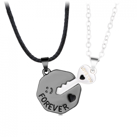 Bijuterii dama - Set de doua lantisoare creative pentru cupluri, indragostiti, pandantiv in forma de cheie "Love you forever", negru si argintiu