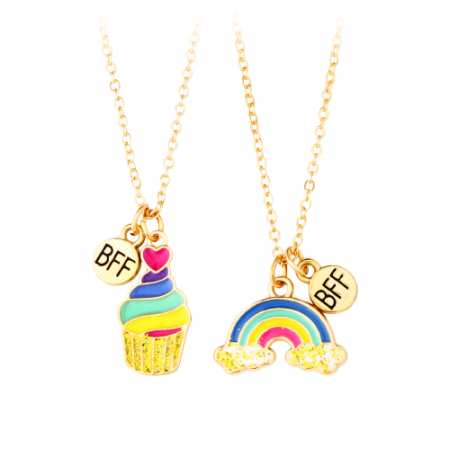 Bijuterii dama - Set de doua lantisoare cu magnet pentru prieteni, BFF, model in forma de brioasa si curcubeu, charm-uri cu best friends forever, auriu