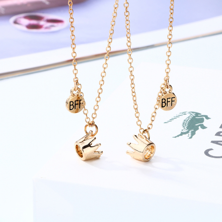 Set de doua lantisoare cu magnet pentru prieteni, BFF, model in forma de coroana, charm-uri cu best friends forever, auriu [1]