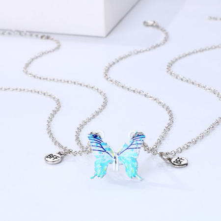 Set de doua lantisoare cu magnet pentru prieteni, BFF, model in forma de fluture albastru si charm cu best friends forever, argintiu [1]