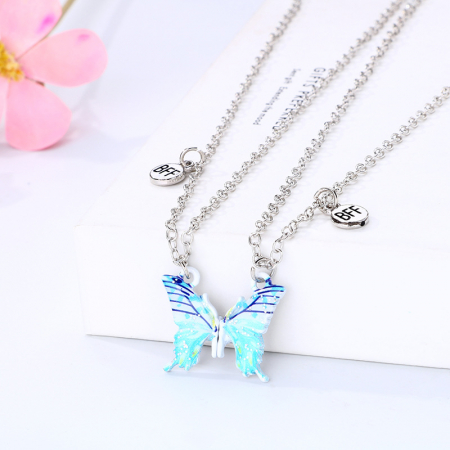 Set de doua lantisoare cu magnet pentru prieteni, BFF, model in forma de fluture albastru si charm cu best friends forever, argintiu [2]