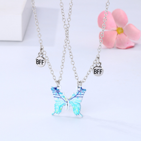 Set de doua lantisoare cu magnet pentru prieteni, BFF, model in forma de fluture albastru si charm cu best friends forever, argintiu [3]