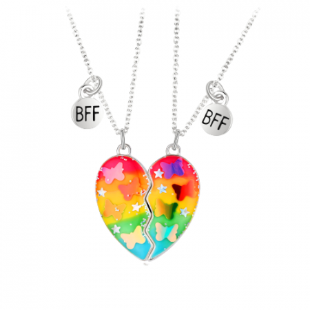 Bijuterii dama - Set de doua lantisoare cu magnet pentru prieteni, BFF, model in forma de inima cu fluturi si charm cu best friends forever, unisex, argintiu
