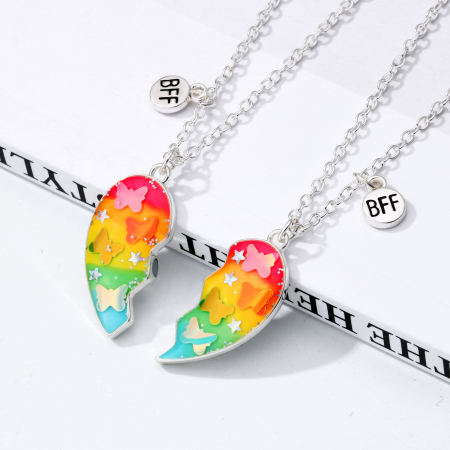 Set de doua lantisoare cu magnet pentru prieteni, BFF, model in forma de inima cu fluturi si charm cu best friends forever, unisex, argintiu [3]