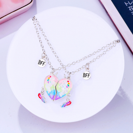 Set de doua lantisoare cu magnet pentru prieteni, BFF, model in forma de inima cu unicorni, charm-uri cu best friends forever, argintiu [1]