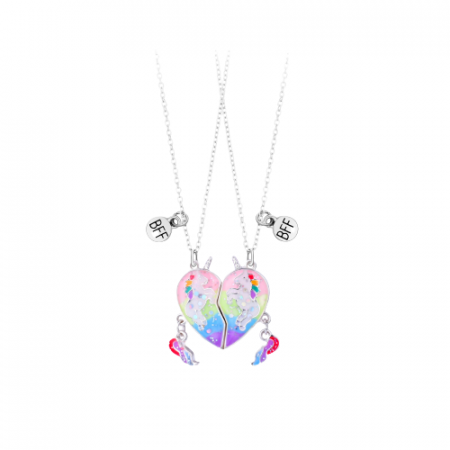 Bijuterii dama - Set de doua lantisoare cu magnet pentru prieteni, BFF, model in forma de inima cu unicorni, charm-uri cu best friends forever, argintiu