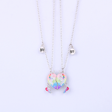 Set de doua lantisoare cu magnet pentru prieteni, BFF, model in forma de inima cu unicorni, charm-uri cu best friends forever, argintiu [3]