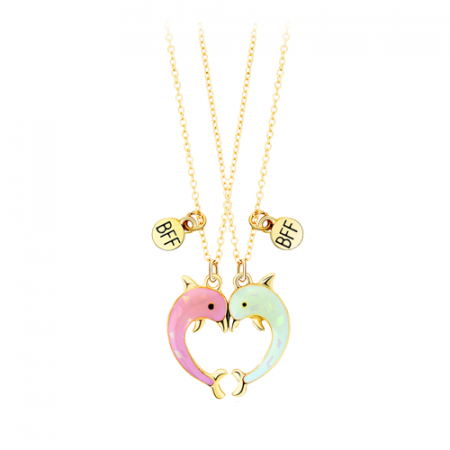 Bijuterii dama - Set de doua lantisoare cu magnet pentru prieteni, BFF, model in forma delfini, charm-uri cu best friends forever, unisex, auriu