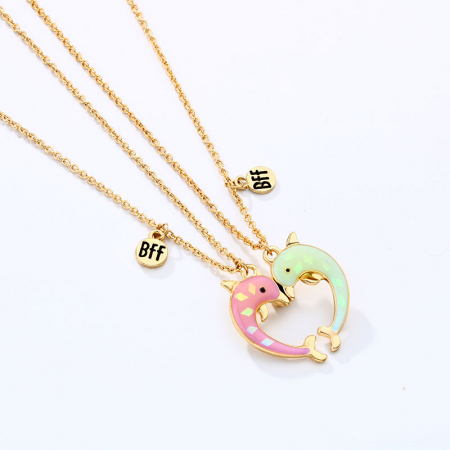 Set de doua lantisoare cu magnet pentru prieteni, BFF, model in forma delfini, charm-uri cu best friends forever, unisex, auriu [3]