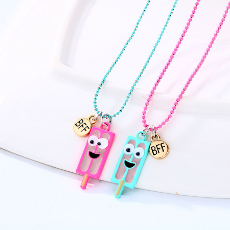 Set de doua lantisoare cu magnet pentru prieteni, BFF, model in forma inghetata pe bat, charm-uri cu best friends forever, unisex, albastru si roz [2]