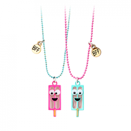 Bijuterii dama - Set de doua lantisoare cu magnet pentru prieteni, BFF, model in forma inghetata pe bat, charm-uri cu best friends forever, unisex, albastru si roz
