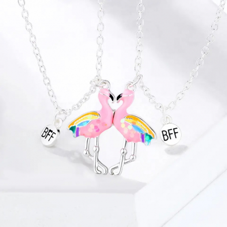 Set de doua lantisoare cu magnet pentru prieteni, BFF, pandantiv cu model in forma de flamingo, charm cu best friends forever, unisex, roz si argintiu [1]