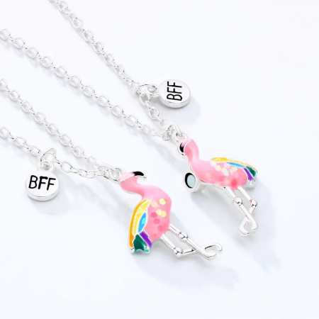 Bijuterii dama - Set de doua lantisoare cu magnet pentru prieteni, BFF, pandantiv cu model in forma de flamingo, charm cu best friends forever, unisex, roz si argintiu
