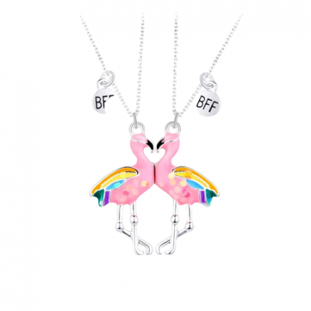 Set de doua lantisoare cu magnet pentru prieteni, BFF, pandantiv cu model in forma de flamingo, charm cu best friends forever, unisex, roz si argintiu [3]