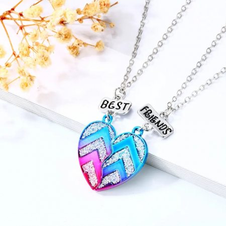 Set de doua lantisoare cu magnet pentru prieteni, BFF, pandantiv in forma de inima cu sclipici, charm cu best friends forever, unisex, argintiu [1]