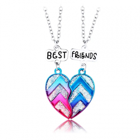 Bijuterii dama - Set de doua lantisoare cu magnet pentru prieteni, BFF, pandantiv in forma de inima cu sclipici, charm cu best friends forever, unisex, argintiu