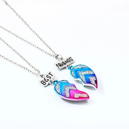 Set de doua lantisoare cu magnet pentru prieteni, BFF, pandantiv in forma de inima cu sclipici, charm cu best friends forever, unisex, argintiu [2]