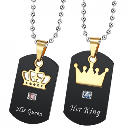 Set de doua lantisoare cu pandantiv army tag "His Queen si Her King" pentru cuplu, prieteni din otel inoxidabil [3]