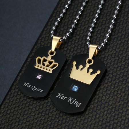 Set de doua lantisoare cu pandantiv army tag "His Queen si Her King" pentru cuplu, prieteni din otel inoxidabil [2]