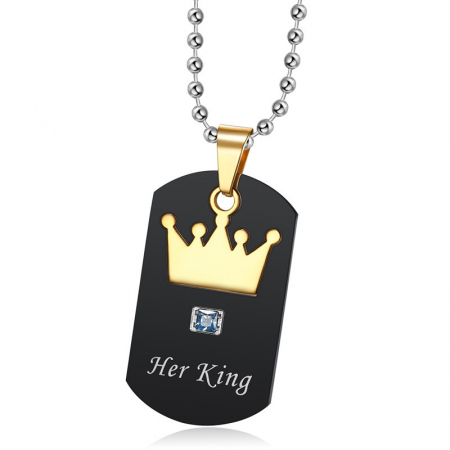 Set de doua lantisoare cu pandantiv army tag "His Queen si Her King" pentru cuplu, prieteni din otel inoxidabil [1]