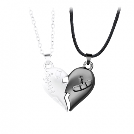 Bijuterii dama - Set de doua lantisoare cu pandantiv cu magnet in forma de inima franta, pentru cupluri, prieteni, negru si argintiu