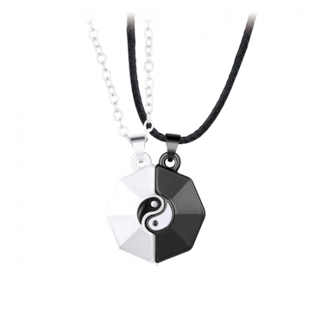 Bijuterii dama - Set de doua lantisoare cu pandantiv cu magnet, model Yin si Yang, pentru cupluri, prieteni, argintiu si negru