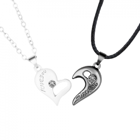 Bijuterii dama - Set de doua lantisoare cu pandantiv in forma de inima "Miss you" cu magnet pentru cuplu, prieteni, argintiu si negru