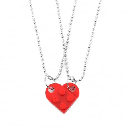 Bijuterii dama - Set de doua lantisoare cu pandantiv in forma de piesa Lego pentru cuplu, prieteni, rosu
