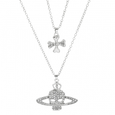 Bijuterii barbati - Set de doua lantisoare cu pandantiv model Saturn cu cap de mort, pietre zirconiu, placat cu argint, Tessero, argintiu