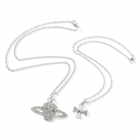 Set de doua lantisoare cu pandantiv model Saturn cu cap de mort, pietre zirconiu, placat cu argint, Tessero, argintiu [2]
