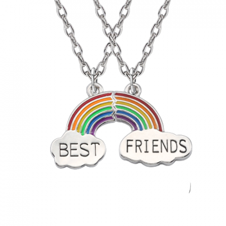 Bijuterii dama - Set de doua lantisoare cu pandantiv pentru prieteni, BFF, model cu curcubeu si best friends, argintiu