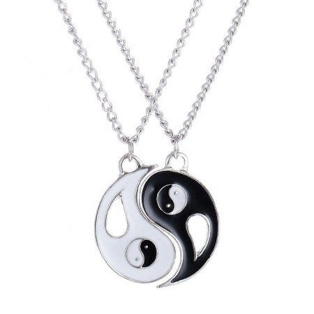 Bijuterii dama - Set de doua lantisoare cu pandantiv pentru prieteni, BFF, model Yin si Yang, unisex, argintiu