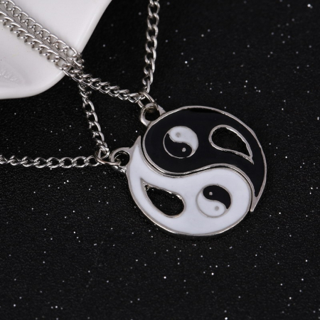 Set de doua lantisoare cu pandantiv pentru prieteni, BFF, model Yin si Yang, unisex, argintiu [2]