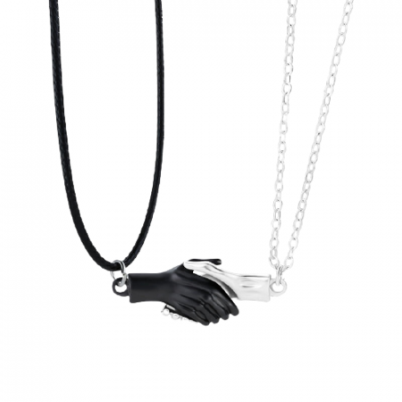Bijuterii dama - Set de doua lantisoare cu pandantiv "strangere de mana" cu magnet pentru cuplu, prieteni, negru si argintiu