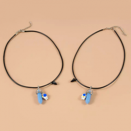 Set de doua lantisoare din piele magnetice pentru cupluri, prieteni cu pandantiv vindecator in forma de hexagon si astronaut, charm in forma de inima, cristal de ametist, fosforescent, unisex, negru [1]