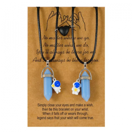 Bijuterii dama - Set de doua lantisoare din piele magnetice pentru cupluri, prieteni cu pandantiv vindecator in forma de hexagon si astronaut, charm in forma de inima, cristal de ametist, fosforescent, unisex, negru