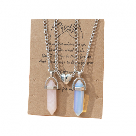Bijuterii dama - Set de doua lantisoare magnetice cu cartonas pentru cupluri, prieteni cu pandantiv vindecator in forma de hexagon din piatra semipretioasa, charm in forma de inima, cristal de ametist, unisex, roz si 