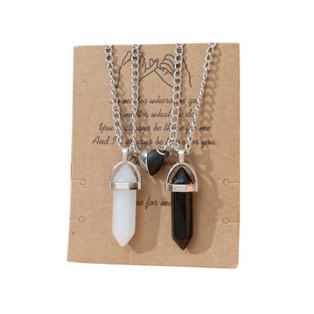 Bijuterii dama - Set de doua lantisoare magnetice cu cartonas pentru cupluri, prieteni cu pandantiv vindecator in forma de hexagon din piatra semipretioasa, charm in forma de inima, cristal de ametist, unisex, negru s