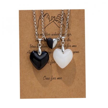 Bijuterii dama - Set de doua lantisoare magnetice cu cartonas pentru cupluri, prieteni cu pandantiv vindecator in forma de inimioara din piatra semipretioasa, unisex, negru si alb