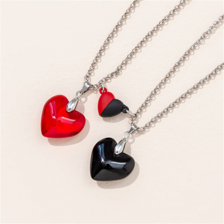 Set de doua lantisoare magnetice cu cartonas pentru cupluri, prieteni cu pandantiv vindecator in forma de inimioara din piatra semipretioasa, unisex, rosu si negru [1]